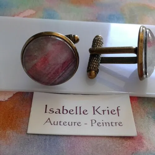 Aquarelle originale ooak,artiste peintre française,boutons manchette rond,violet rose bronze,bobo boho gothique,cadeau fete