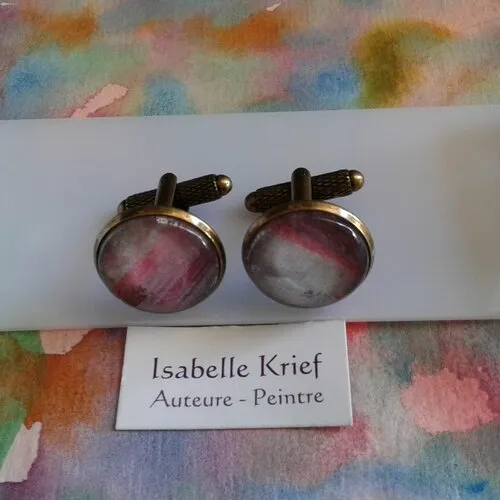 Aquarelle originale ooak,artiste peintre française,boutons manchette rond,violet rose bronze,bobo boho gothique,cadeau fete