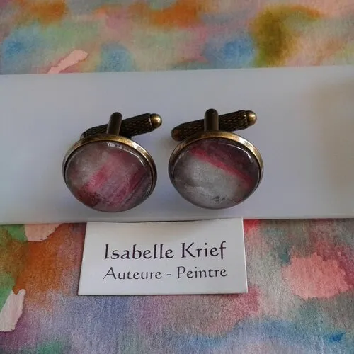 Aquarelle originale ooak,artiste peintre française,boutons manchette rond,violet rose bronze,bobo boho gothique,cadeau fete