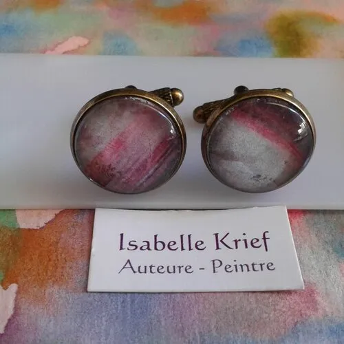 Aquarelle originale ooak,artiste peintre française,boutons manchette rond,violet rose bronze,bobo boho gothique,cadeau fete