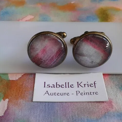 Aquarelle originale ooak,artiste peintre française,boutons manchette rond,violet rose bronze,bobo boho gothique,cadeau fete