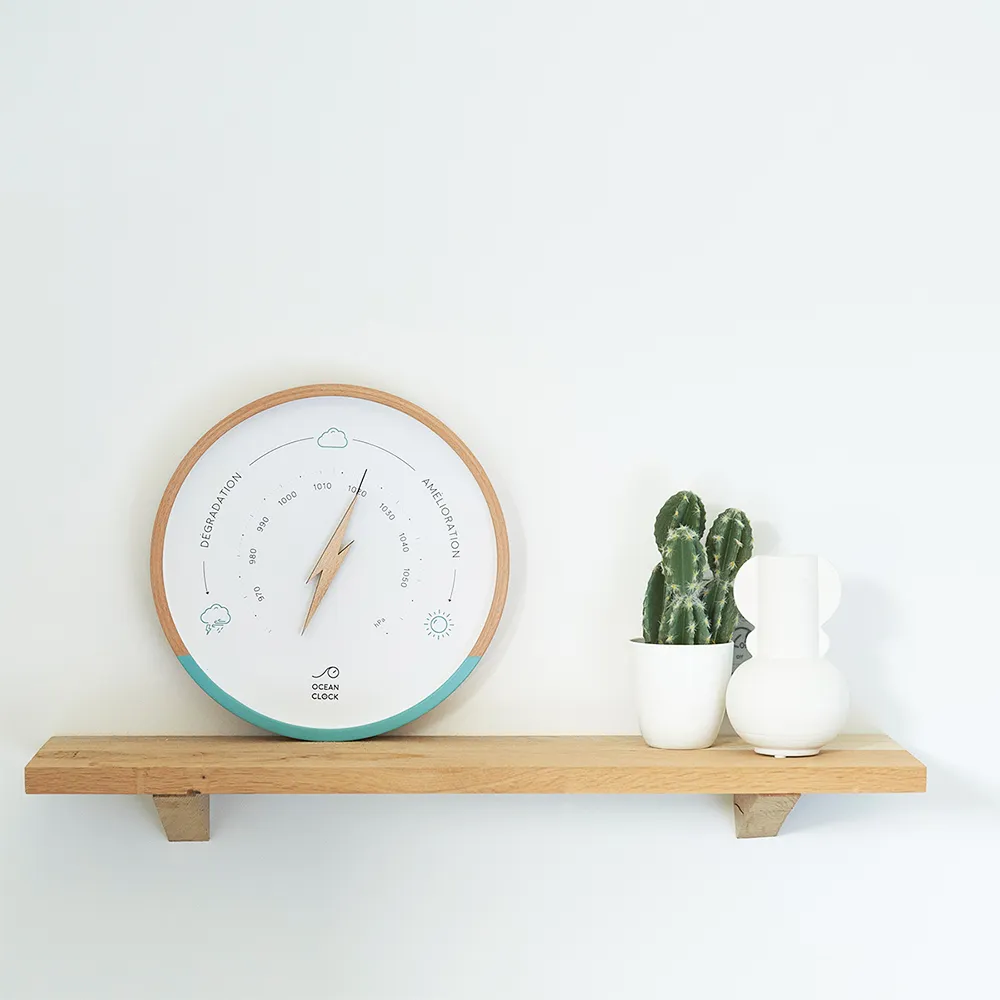 Baromètre Ocean Clock, bois et bleu turquoise