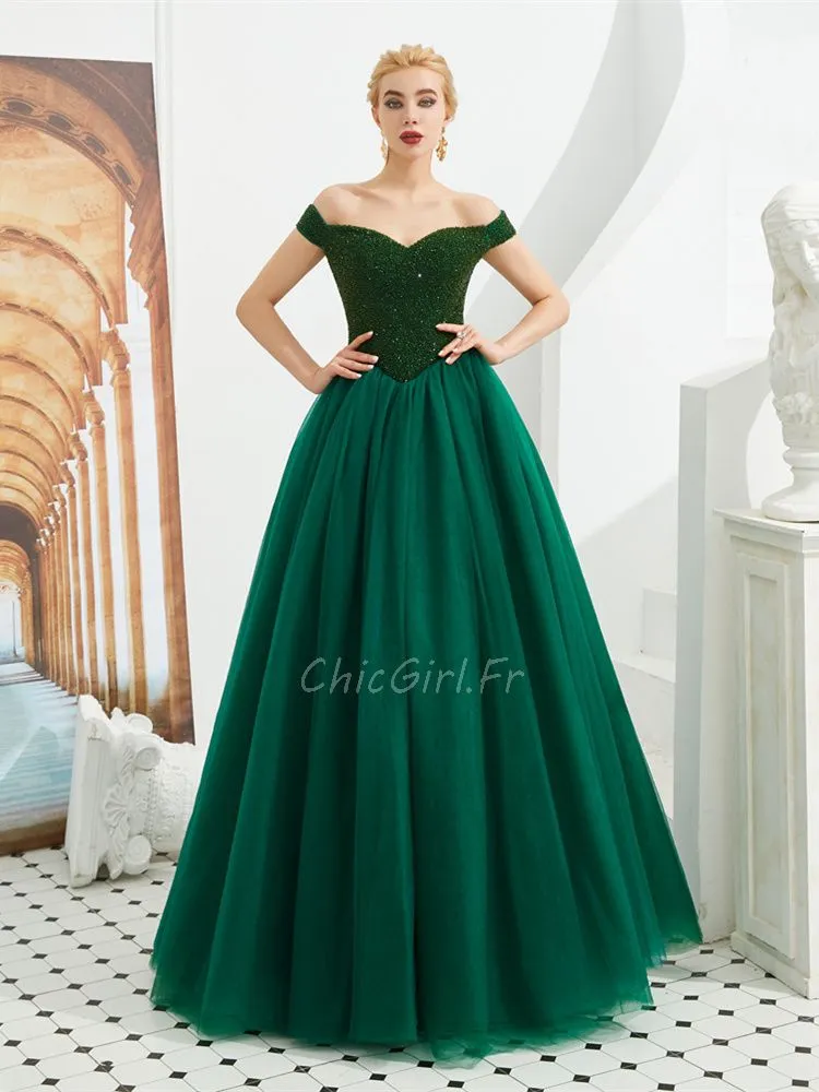 Belles Robe De Bal Epaule Dénudée Taille Basse Longue Tulle Perle Vert Sapin