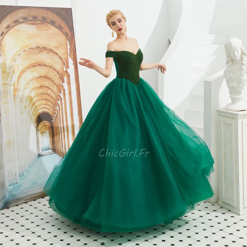 Belles Robe De Bal Epaule Dénudée Taille Basse Longue Tulle Perle Vert Sapin