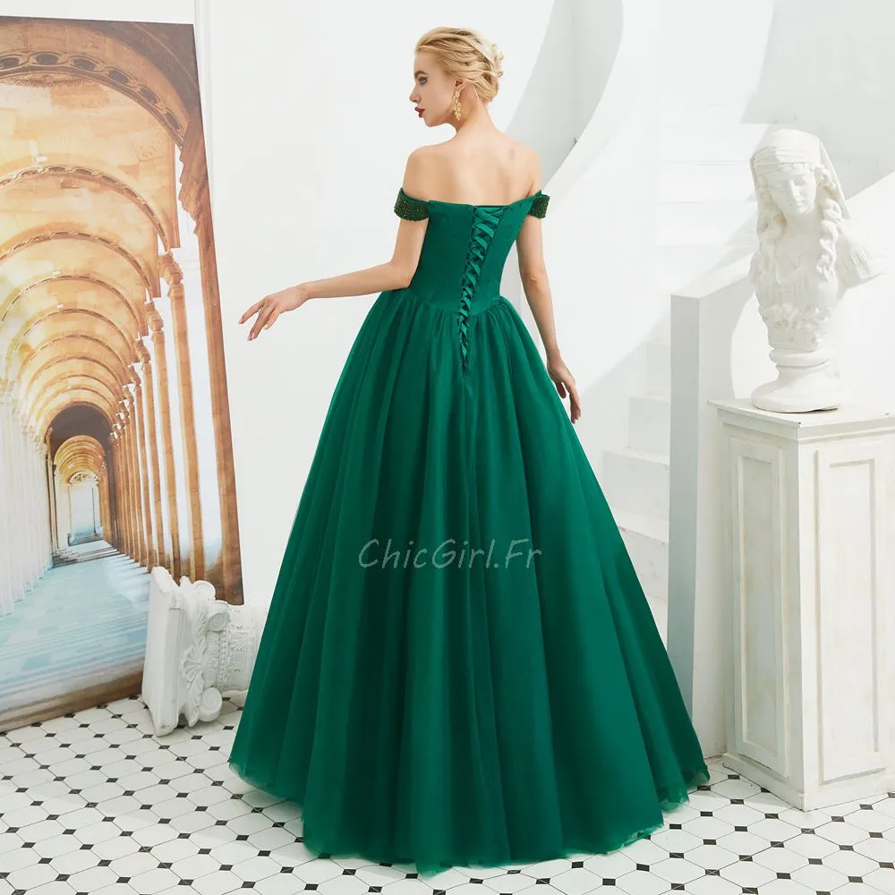 Belles Robe De Bal Epaule Dénudée Taille Basse Longue Tulle Perle Vert Sapin