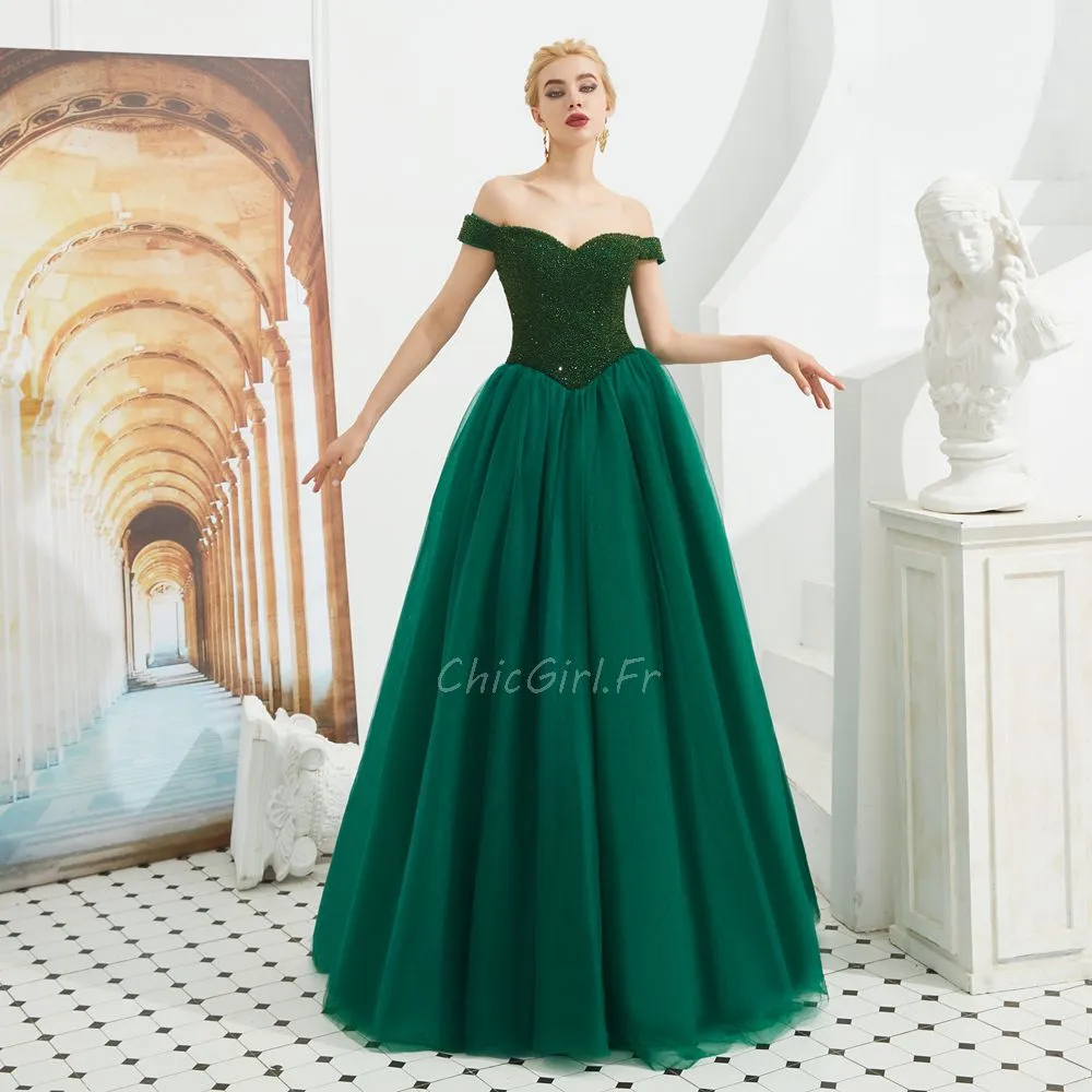 Belles Robe De Bal Epaule Dénudée Taille Basse Longue Tulle Perle Vert Sapin