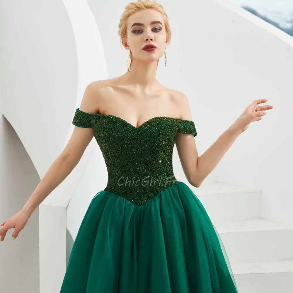 Belles Robe De Bal Epaule Dénudée Taille Basse Longue Tulle Perle Vert Sapin