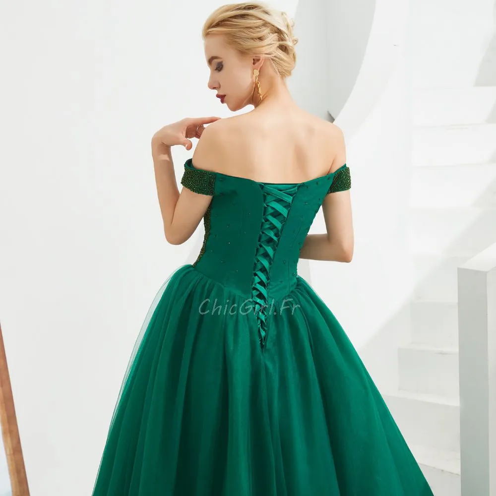 Belles Robe De Bal Epaule Dénudée Taille Basse Longue Tulle Perle Vert Sapin