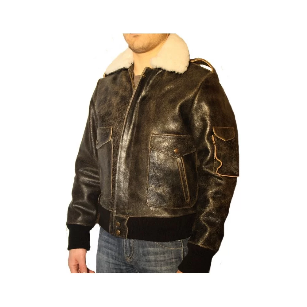 Blouson cuir style fly vachette vieilli marron col mouton amovible modèle Filipe