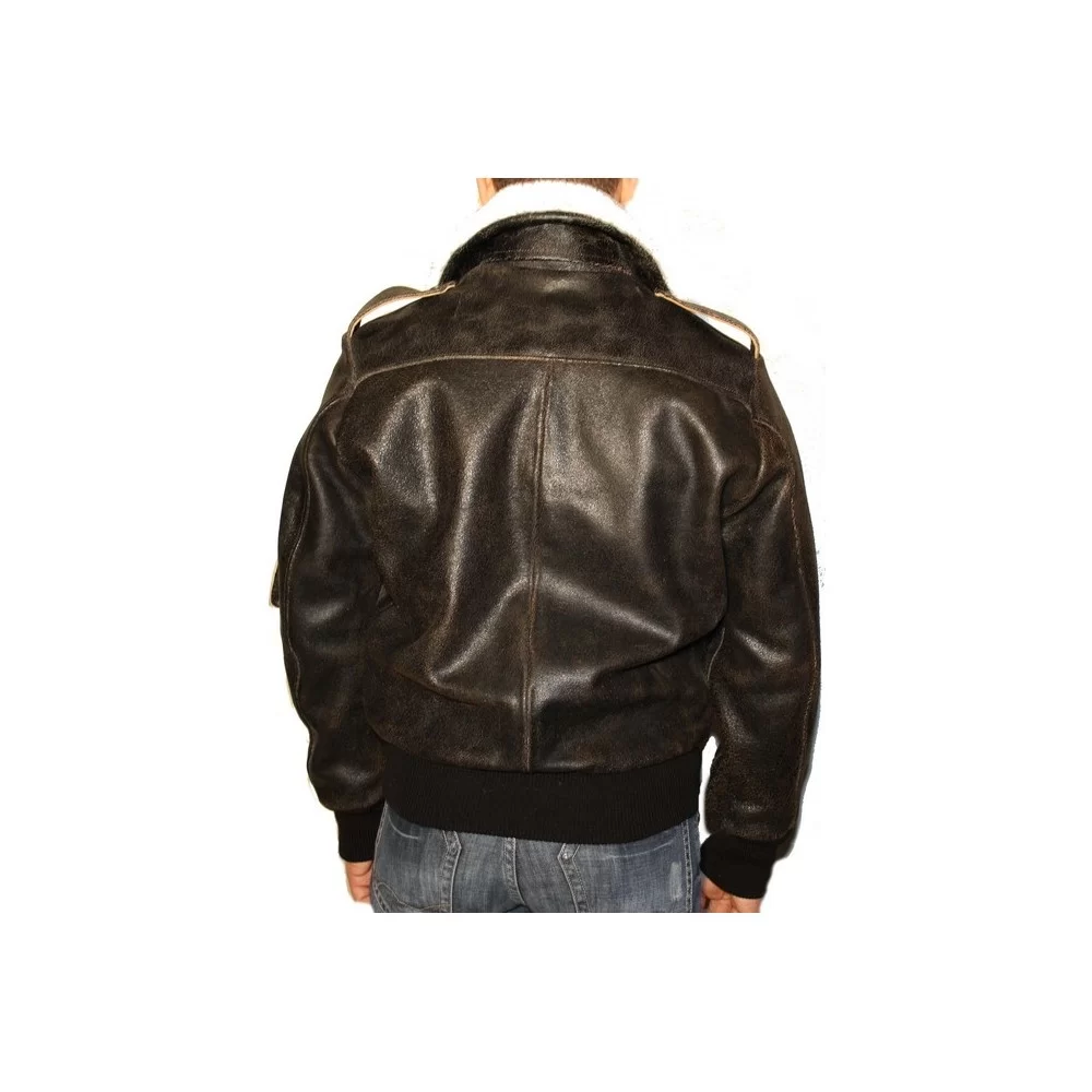 Blouson cuir style fly vachette vieilli marron col mouton amovible modèle Filipe