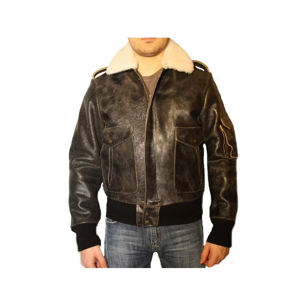 Blouson cuir style fly vachette vieilli marron col mouton amovible modèle Filipe