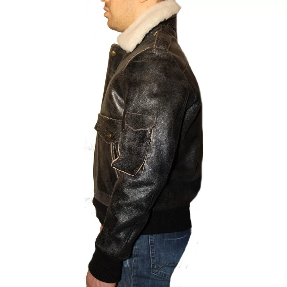 Blouson cuir style fly vachette vieilli marron col mouton amovible modèle Filipe