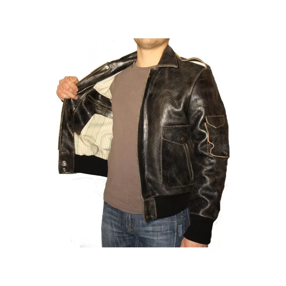 Blouson cuir style fly vachette vieilli marron col mouton amovible modèle Filipe