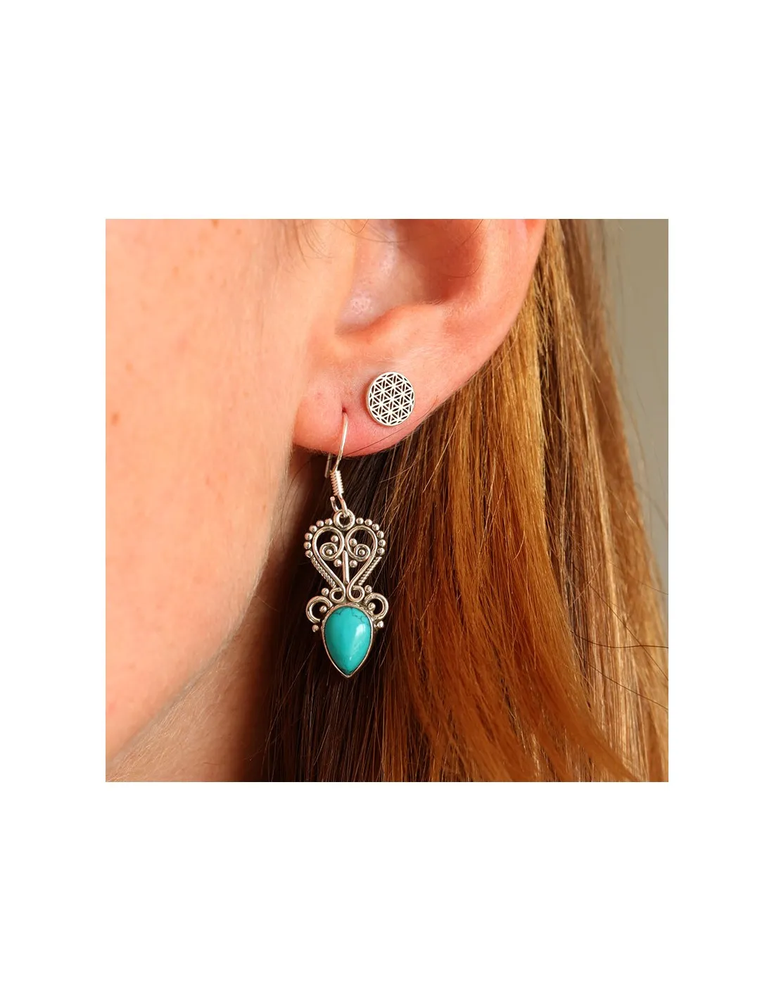 Boucles d'oreilles travaillées argent et turquoise