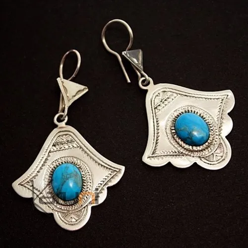 Boucles d'Oreilles en Argent et Pierre 17 Gravées Turquoise Festons