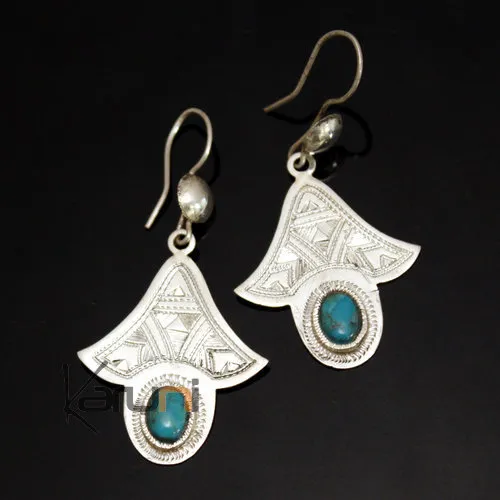 Boucles d'Oreilles en Argent et Pierre 18 Gravées Turquoise Lys