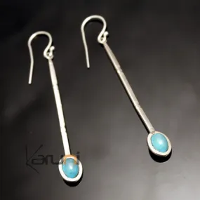 Boucles d'Oreilles en Argent et Pierre 42 Longue Tige Gravée Turquoise