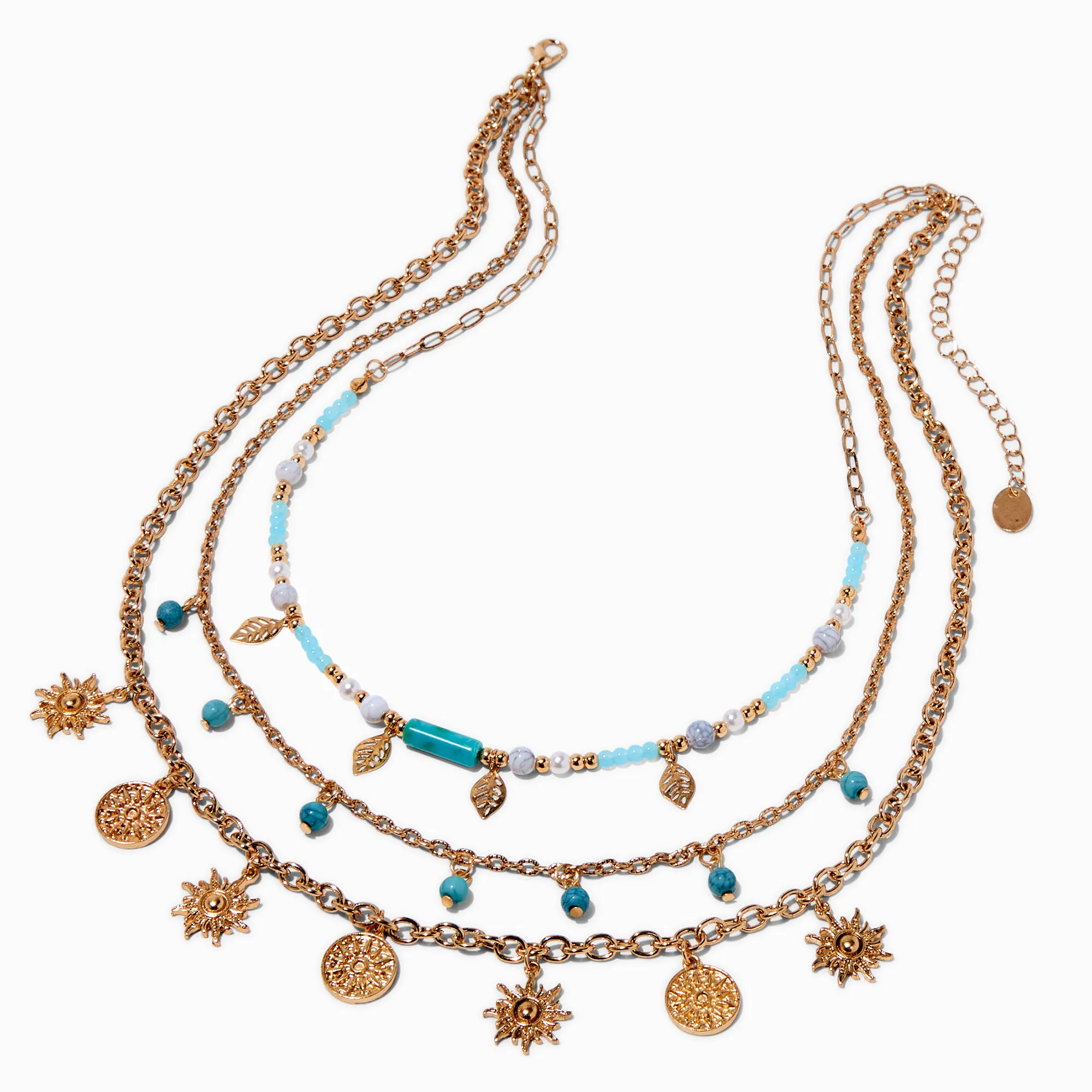 Collier multi-rangs perlé turquoise d'imitation et pièce couleur dorée