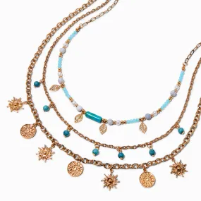 Collier multi-rangs perlé turquoise d'imitation et pièce couleur dorée