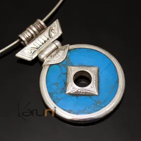 Collier Pendentif en Argent et Pierre Howlite Turquoise 01 Rond