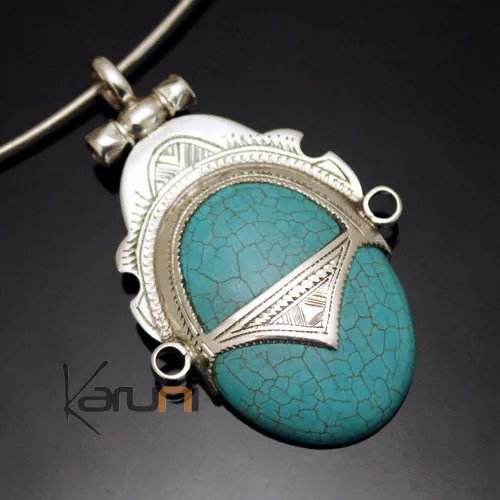 Collier Pendentif Touareg en Argent et Pierre Bleu Turquoise 01 Ovale Tête de Déesse