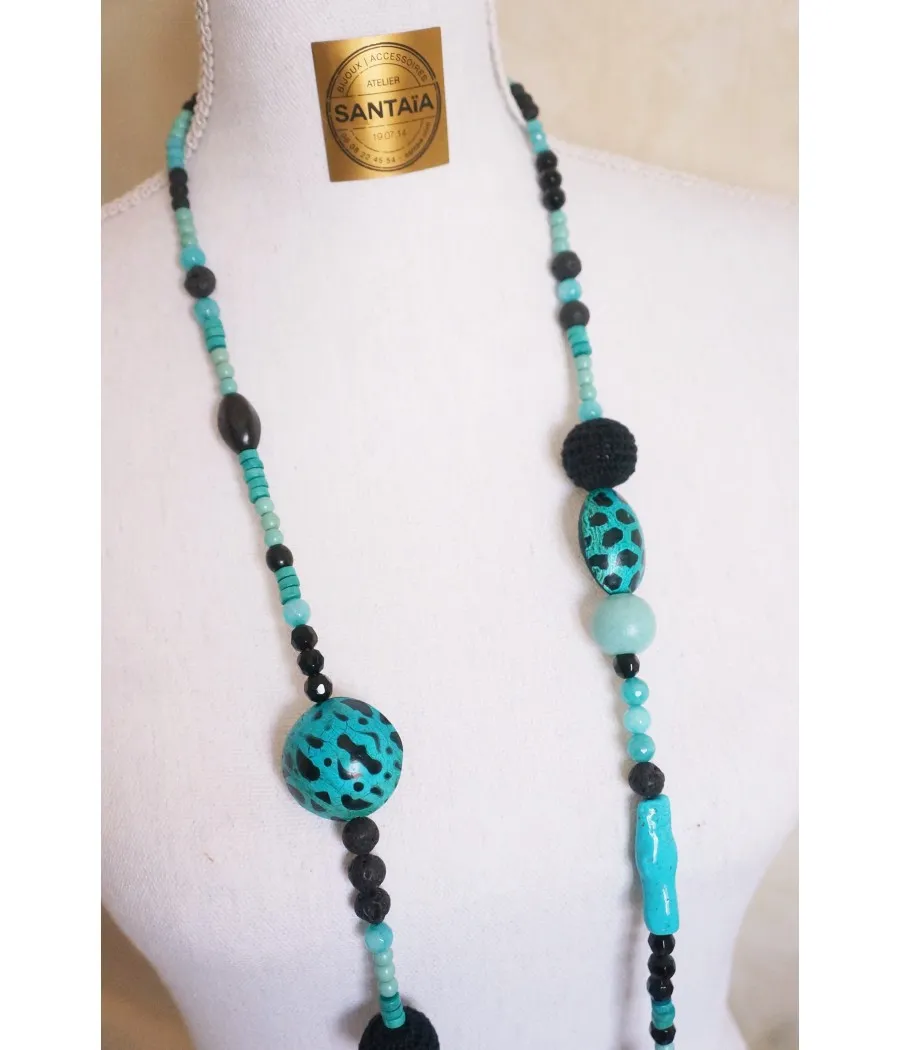 COLLIER SAUTOIR TURQUOISE ET NOIR BOIS AGATE OBSIDIENNE LAVE HOWLITE