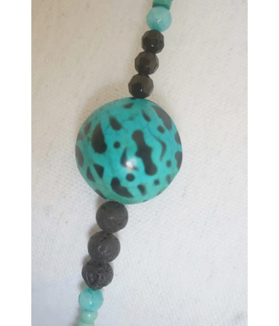 COLLIER SAUTOIR TURQUOISE ET NOIR BOIS AGATE OBSIDIENNE LAVE HOWLITE