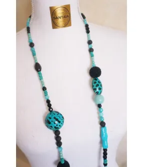 COLLIER SAUTOIR TURQUOISE ET NOIR BOIS AGATE OBSIDIENNE LAVE HOWLITE