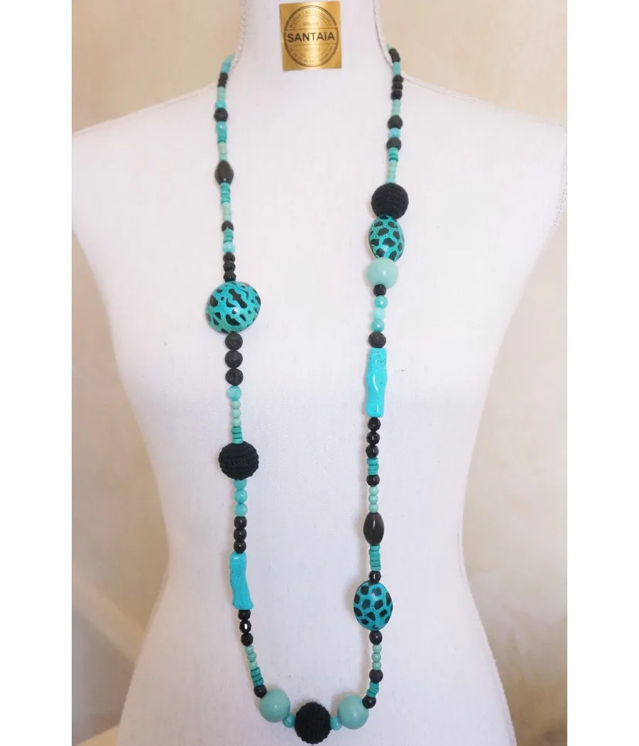 COLLIER SAUTOIR TURQUOISE ET NOIR BOIS AGATE OBSIDIENNE LAVE HOWLITE