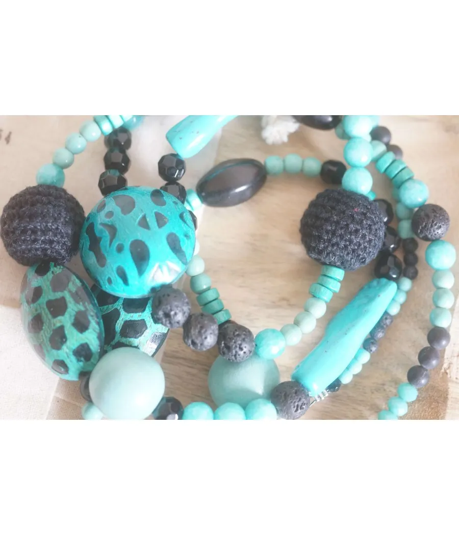 COLLIER SAUTOIR TURQUOISE ET NOIR BOIS AGATE OBSIDIENNE LAVE HOWLITE