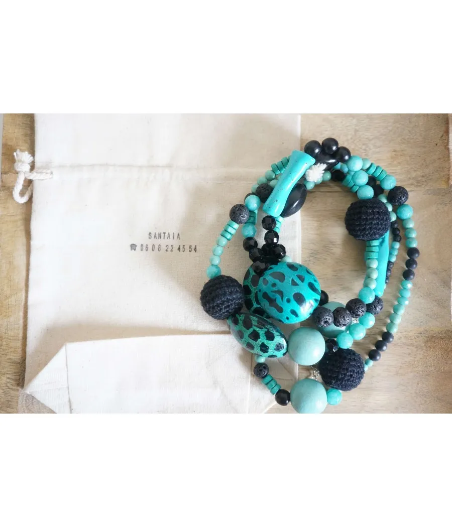 COLLIER SAUTOIR TURQUOISE ET NOIR BOIS AGATE OBSIDIENNE LAVE HOWLITE