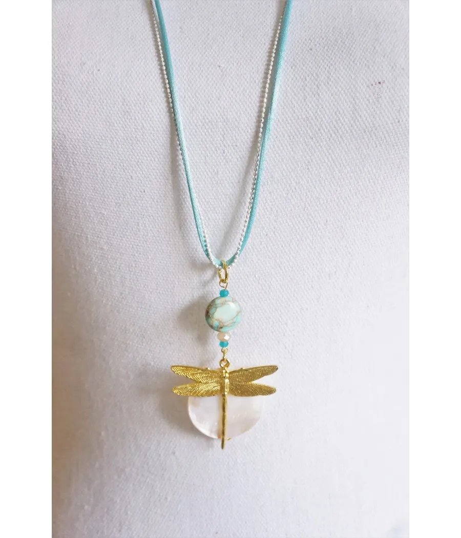 COLLIER TENDANCE LIBELLULE TURQUOISE DOREE NACRE JASPE FAIT MAIN