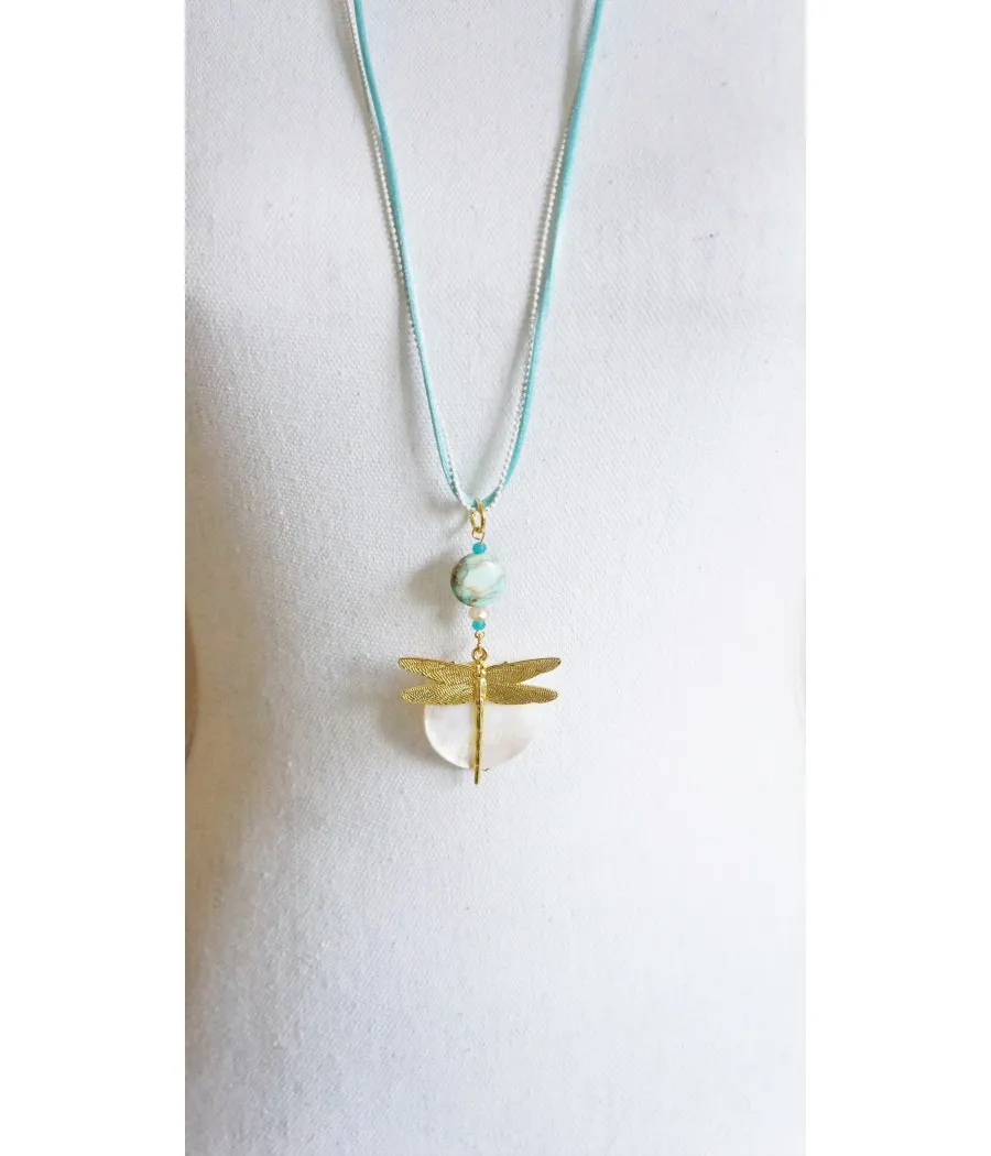 COLLIER TENDANCE LIBELLULE TURQUOISE DOREE NACRE JASPE FAIT MAIN