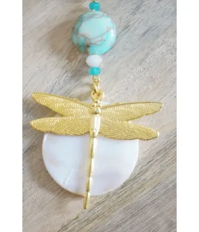 COLLIER TENDANCE LIBELLULE TURQUOISE DOREE NACRE JASPE FAIT MAIN