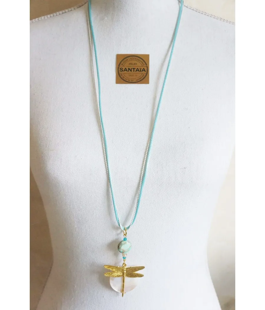 COLLIER TENDANCE LIBELLULE TURQUOISE DOREE NACRE JASPE FAIT MAIN