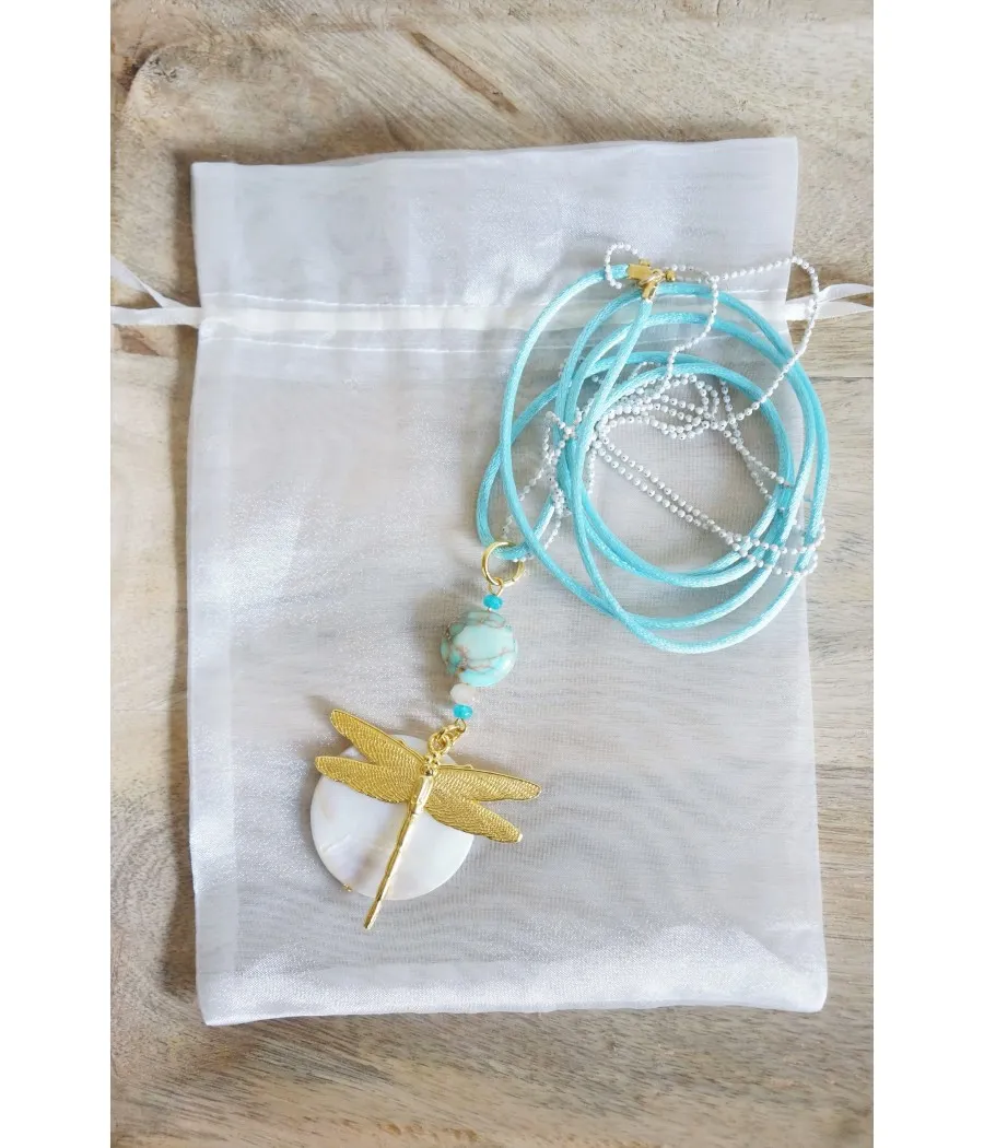 COLLIER TENDANCE LIBELLULE TURQUOISE DOREE NACRE JASPE FAIT MAIN