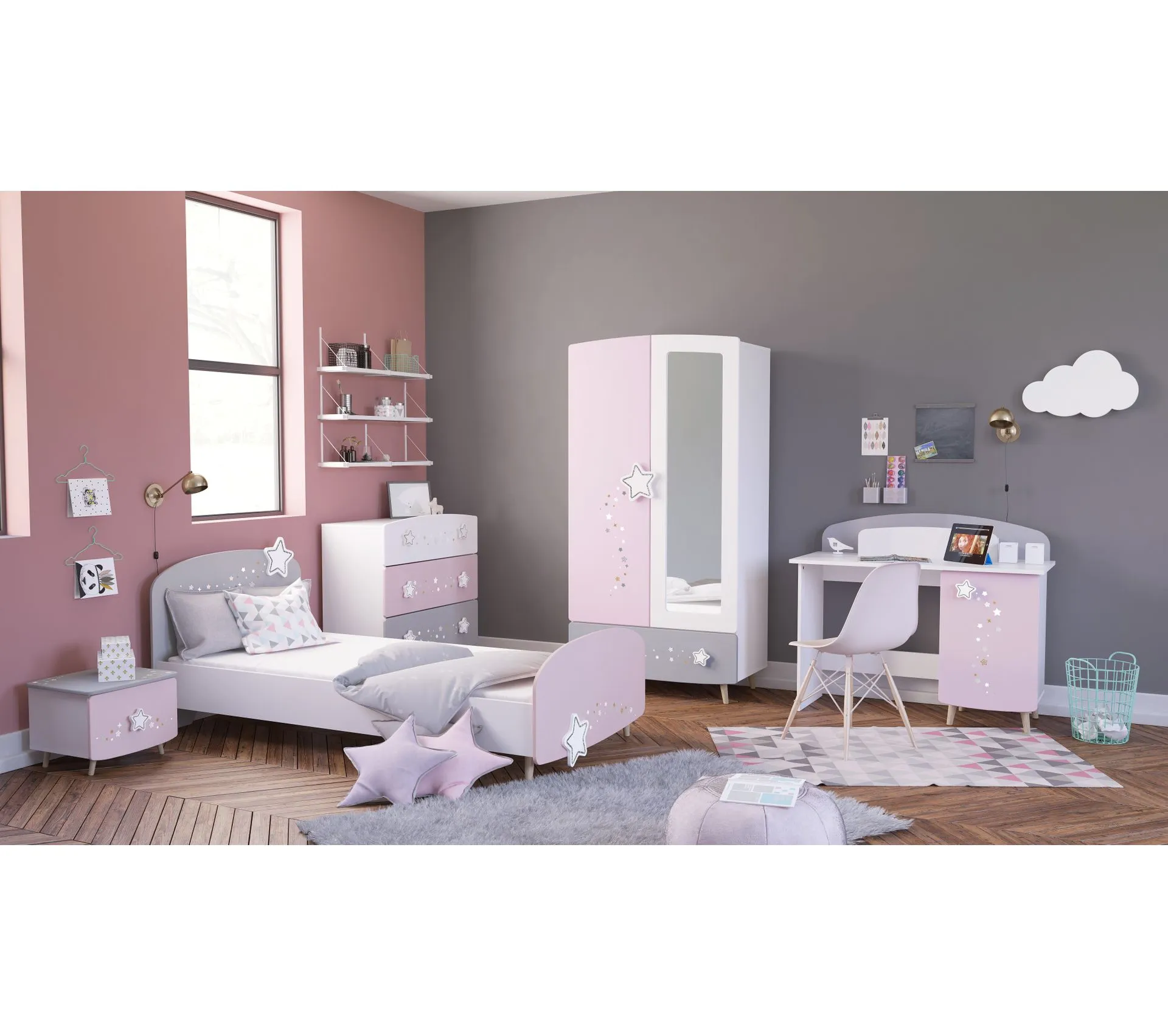 Commode 3 tiroirs ETOILES 2 Gris, rose et blanc