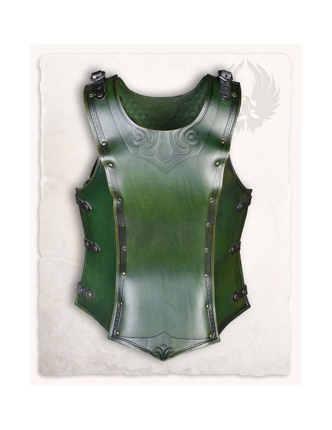 Cuirasse et dossier en cuir vert, modèle Artemis (2e édition) ⚔️ Boutique Épées