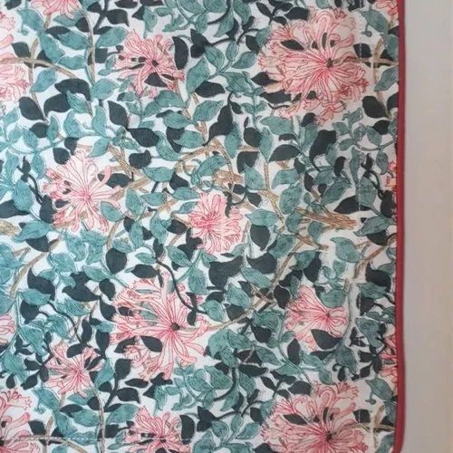 Grande pièce tissu indien 150x150cm carrée coton block print inde fleurs vert sauge blanc rose