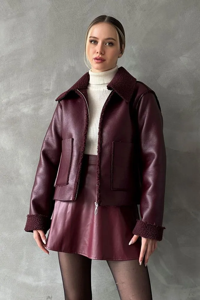 Manteau Court en Cuir Lamé Rouge Bordeaux