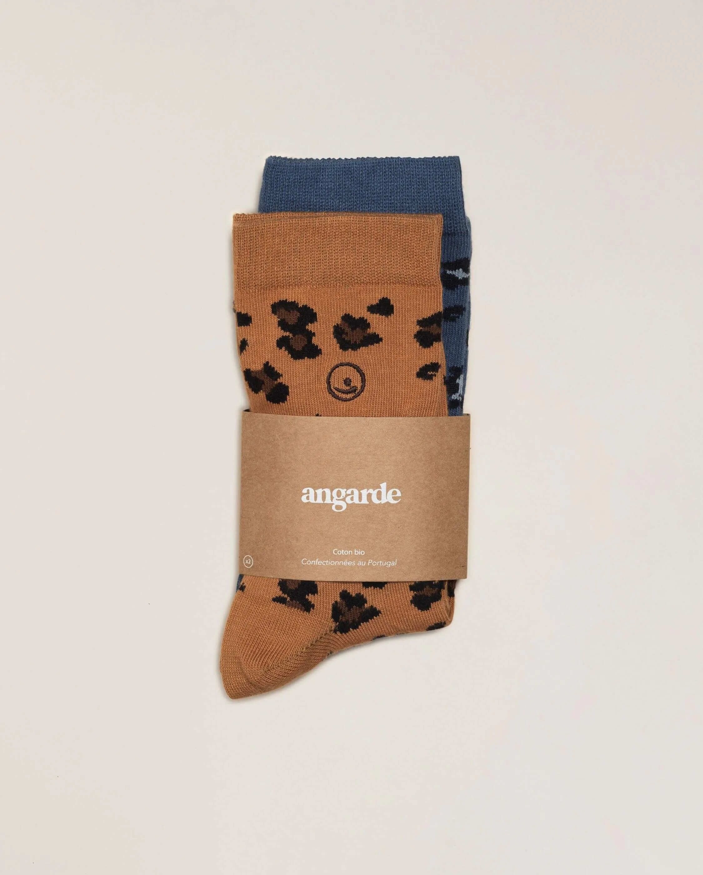 Pack 2 paires chaussettes femme léopard, camel-bleu