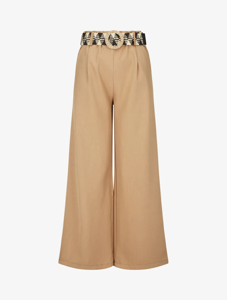 Pantalon ample taille haute élastiquée - Camel