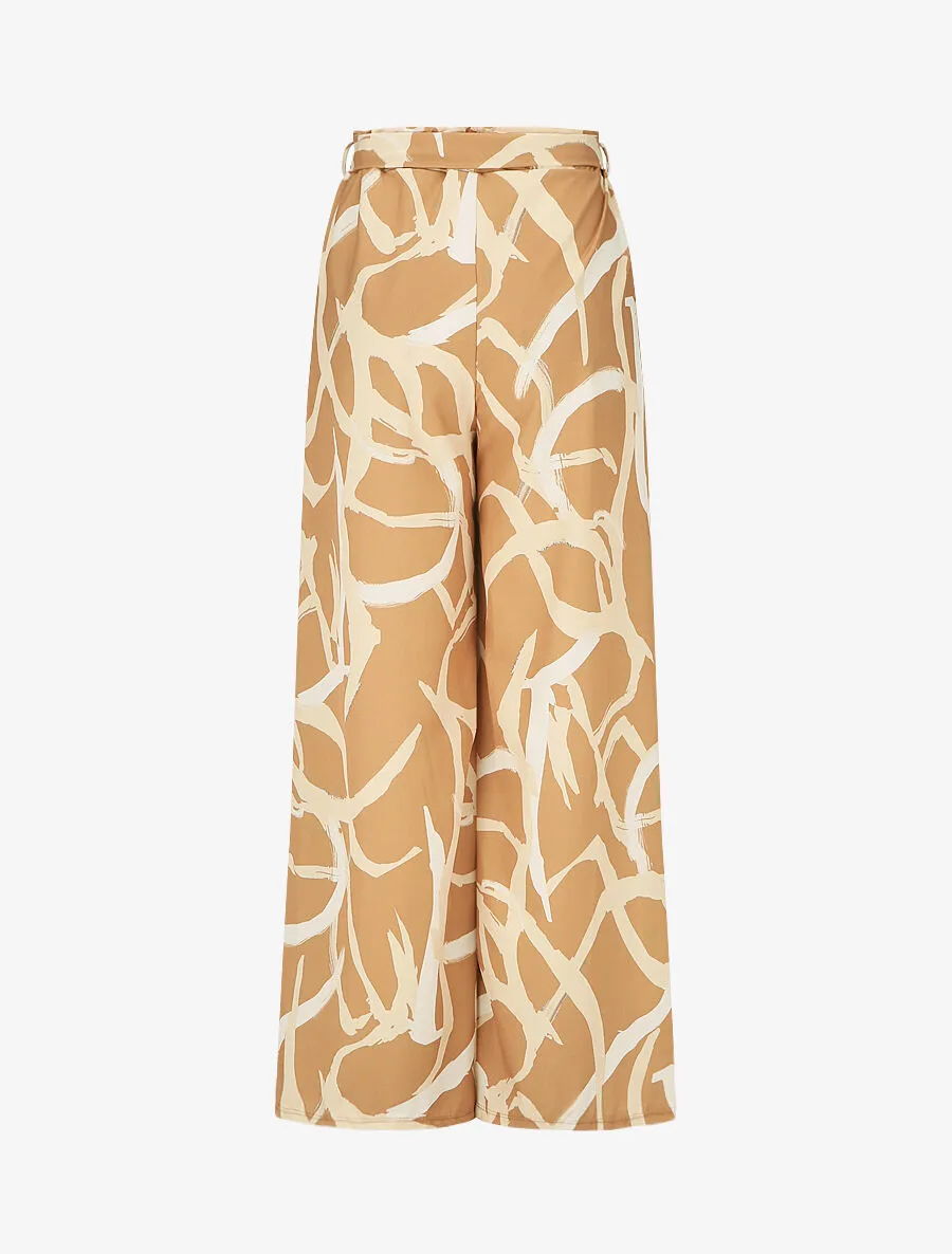 Pantalon ample taille haute motif graphique - Camel