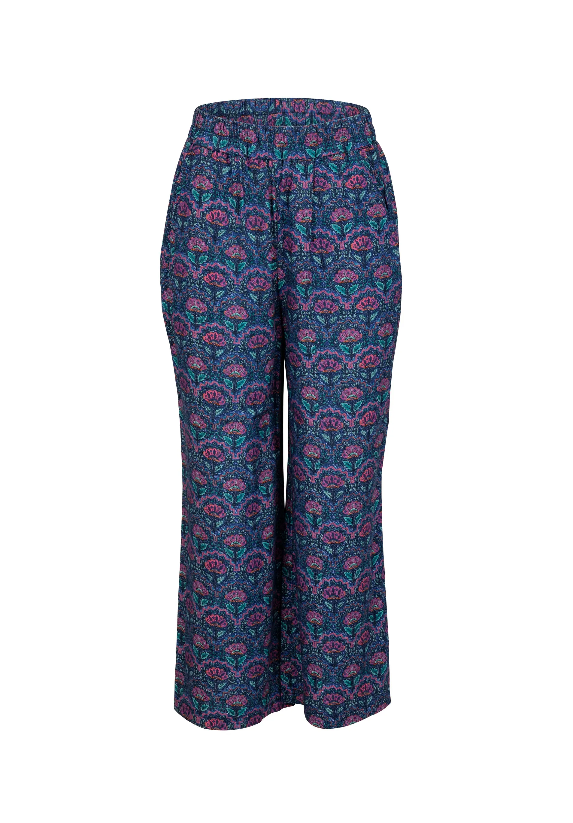 Pantalon bleu coupe évasée avec motifs