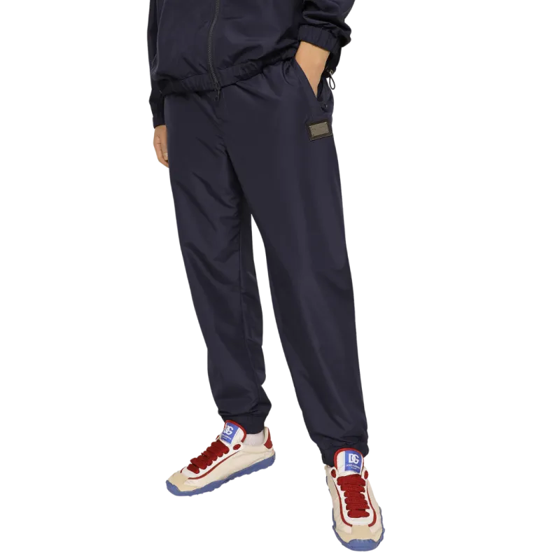 Pantalon de jogging en nylon bleu étiquette griffée