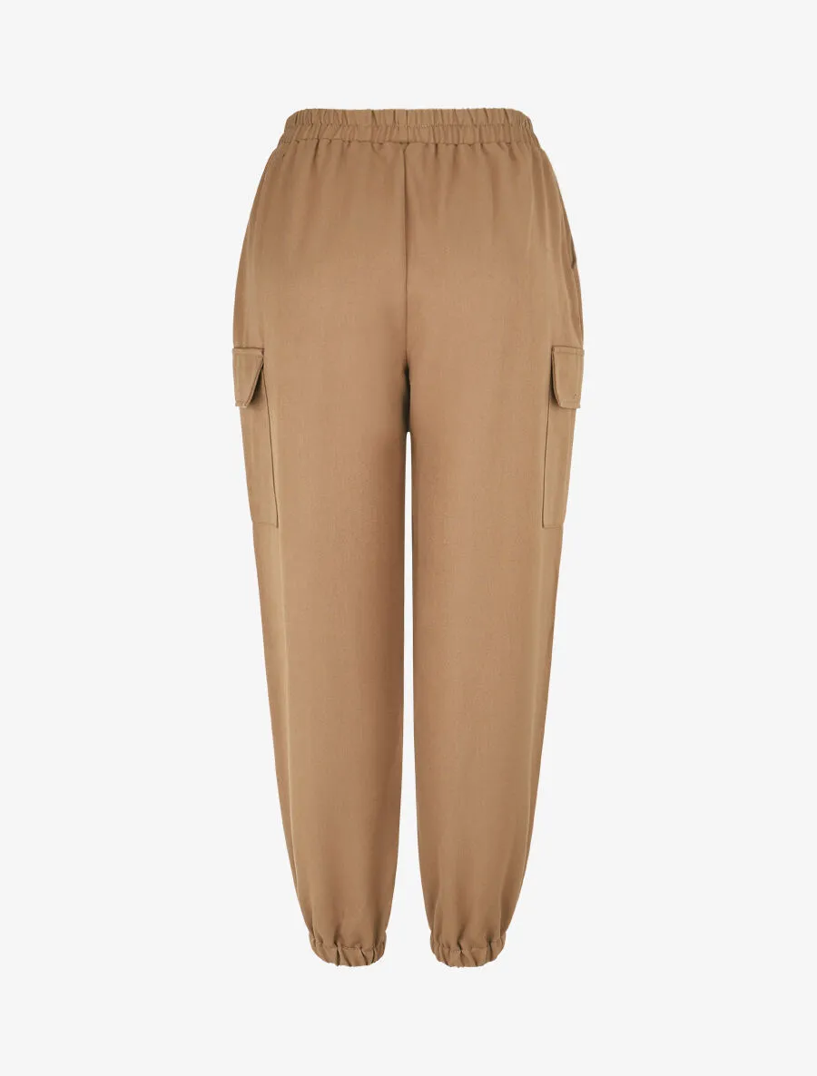 Pantalon fluide uni à bords élastiqués - Camel