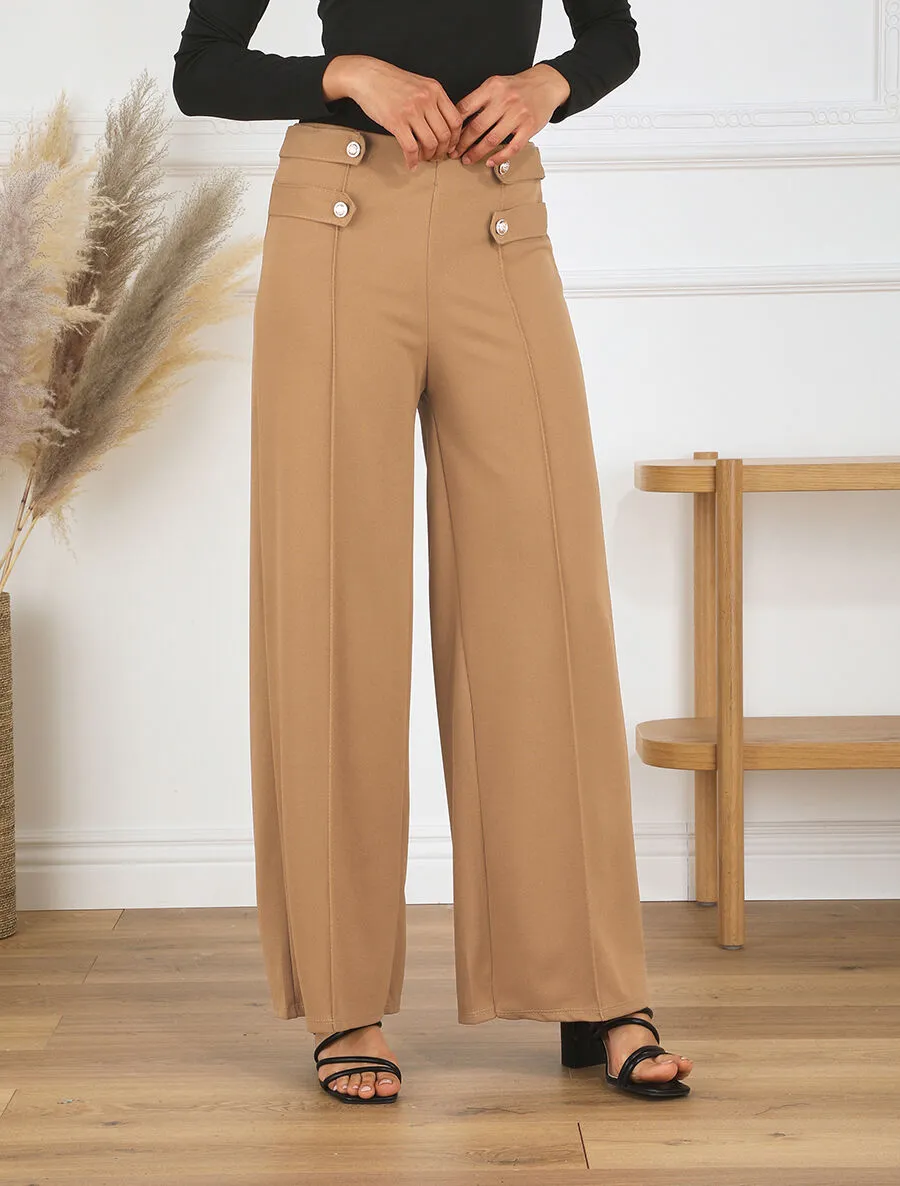 Pantalon fluide uni à boutons décoratifs - Camel