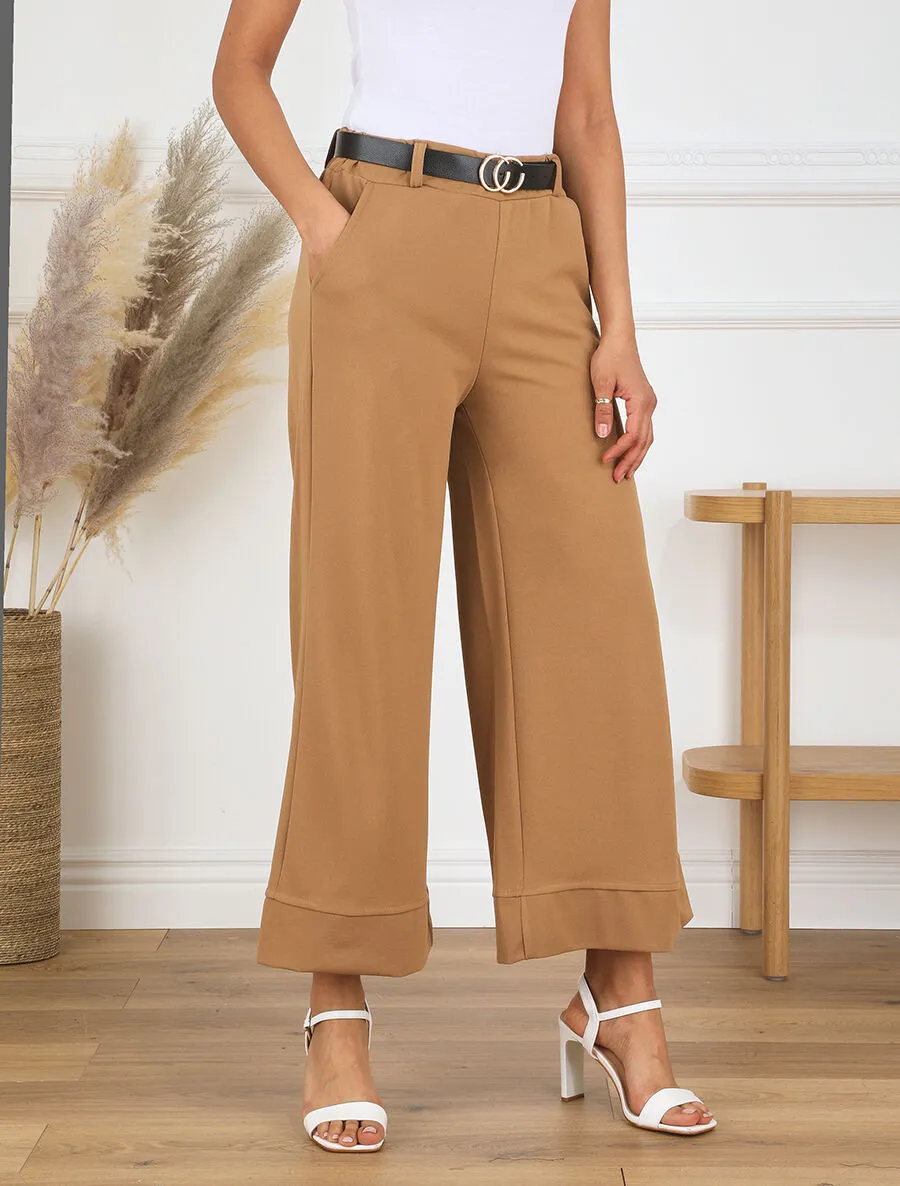 Pantalon large uni taille haute - Camel