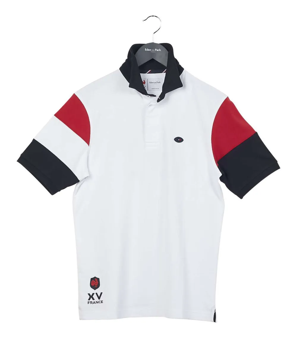 Polo Eden Park coton avec manches courtes et col boutonné blanc tricolore