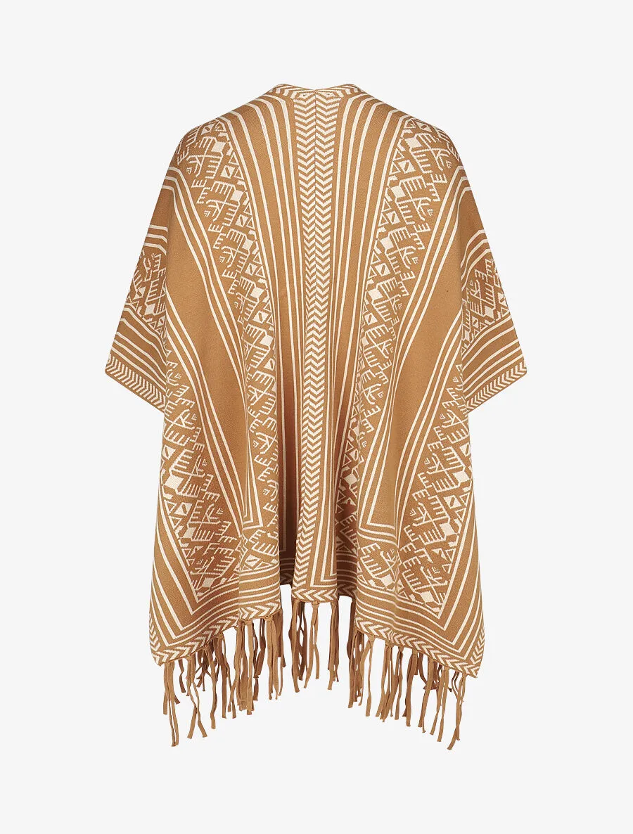 Poncho à imprimé graphique et franges - Camel